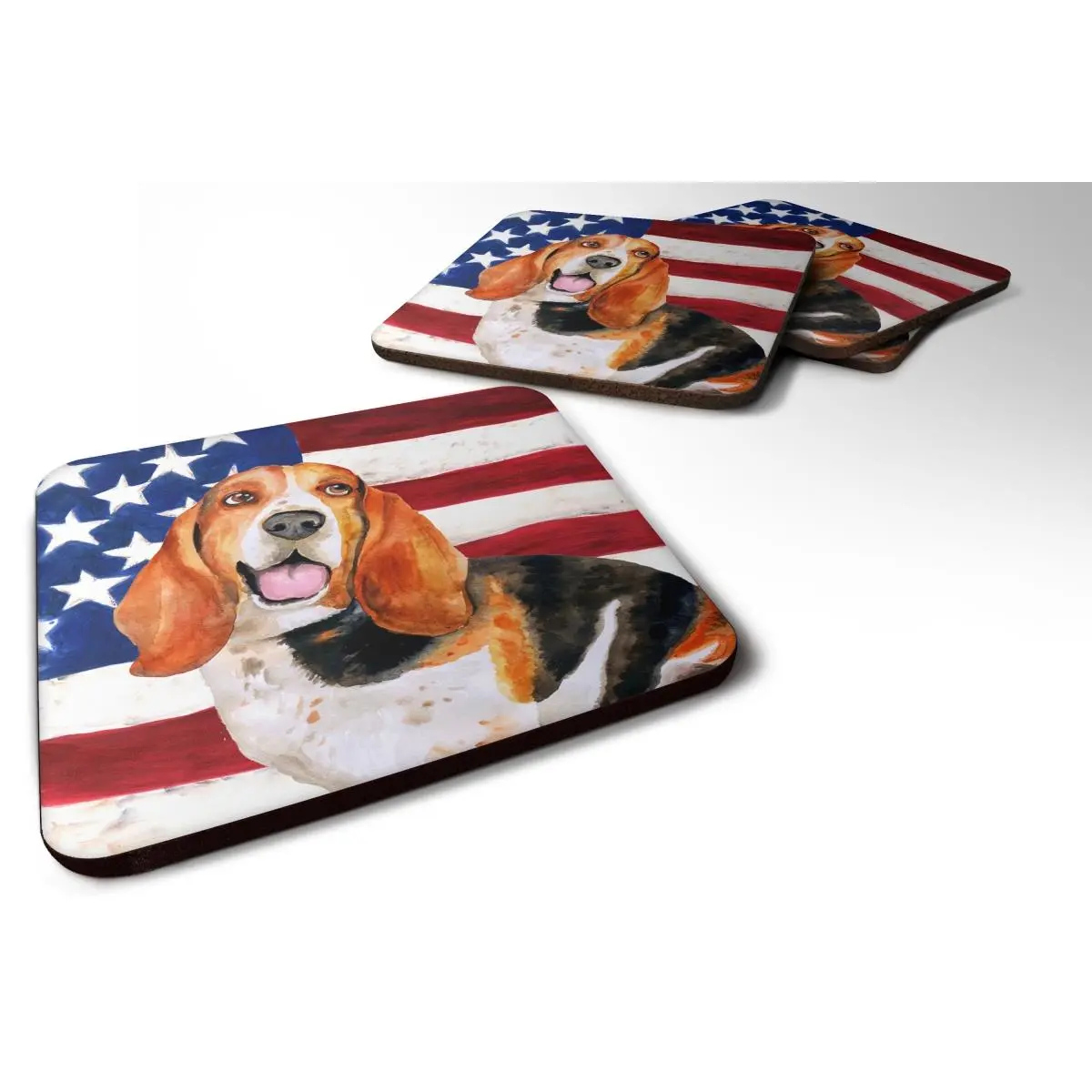 Square Patriotic Design Basset Hound Foam Coasters - 3.5x3.5 in, Set of 4, Heat Resistant, Dishwasher Safe Kitchen Tableware for Gathering, Multi-Use Mouse Pad, 3.5 X 3.5 In