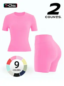 Women's Spring Summer Sports Fitness Slim Fit Comfortable Shorts Sleeve Set, Casual Gym Wear, Gym Clothes Set, Breathable Workout, Athletic Fashion Activewear, Sporty Set