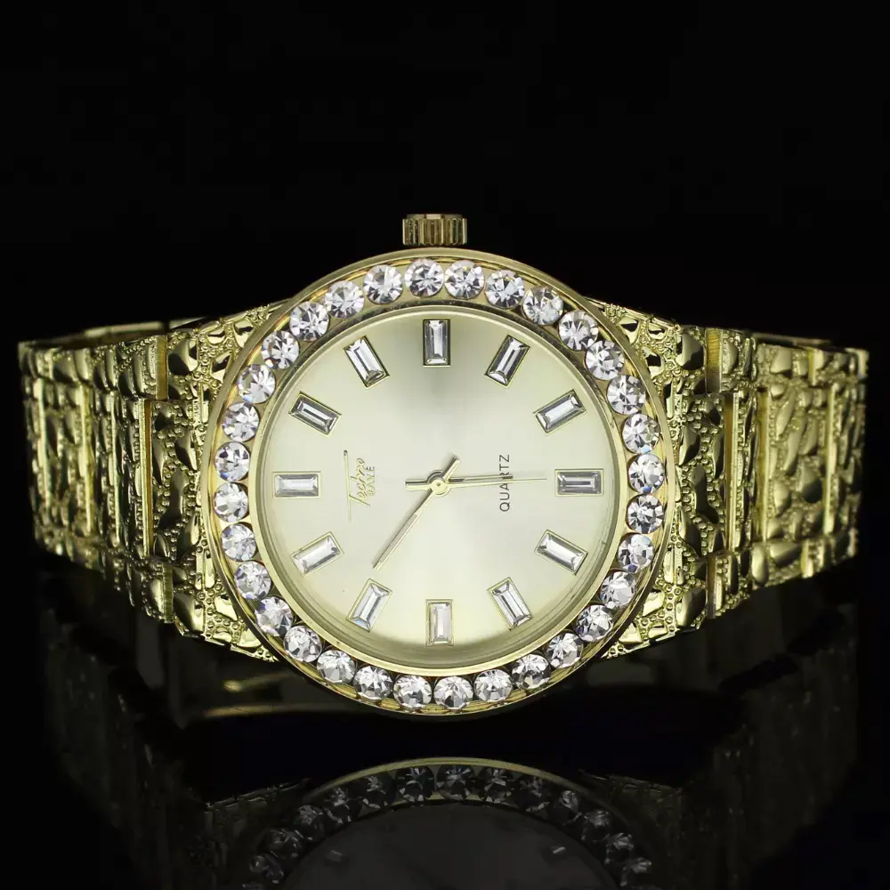 MaxBling81 Men's Gold Watch - Iced Hip Hop Luxe Golden Nugget Bling Metal Quartz Watch, Shiny Round Analog Dial Unisex Wristwatch for Women, Gold Watches
