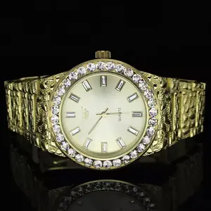 Men Wristwatch Iced Luxury Hip Hop Golden Nugget Bling Wrist Metal Shiny Fashion Watch