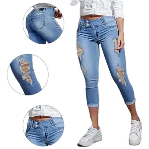 Vintage Light Blue Distressed High-Waisted Skinny Denim Capris - Double-Button Cuffed Jean Pants