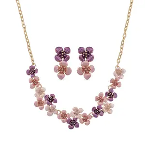 Multi Color Enameled Dark Cherry Blossom Necklace 20.5-22.5 Inches and Earrings in Goldtone