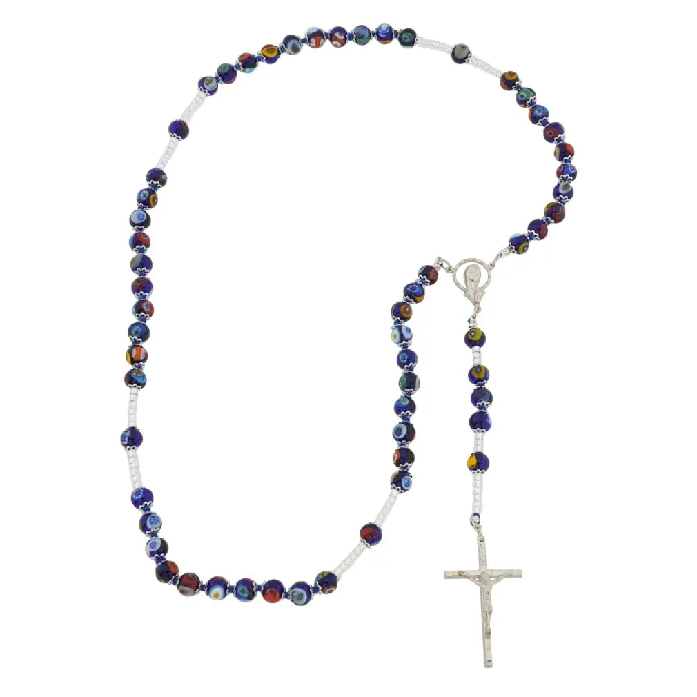 Women's Handmade Glass Of Venice Murano Glass Millefiori Italian Rosary - Blue Crucifix, Special Occasions Chain Jewelry Necklaces