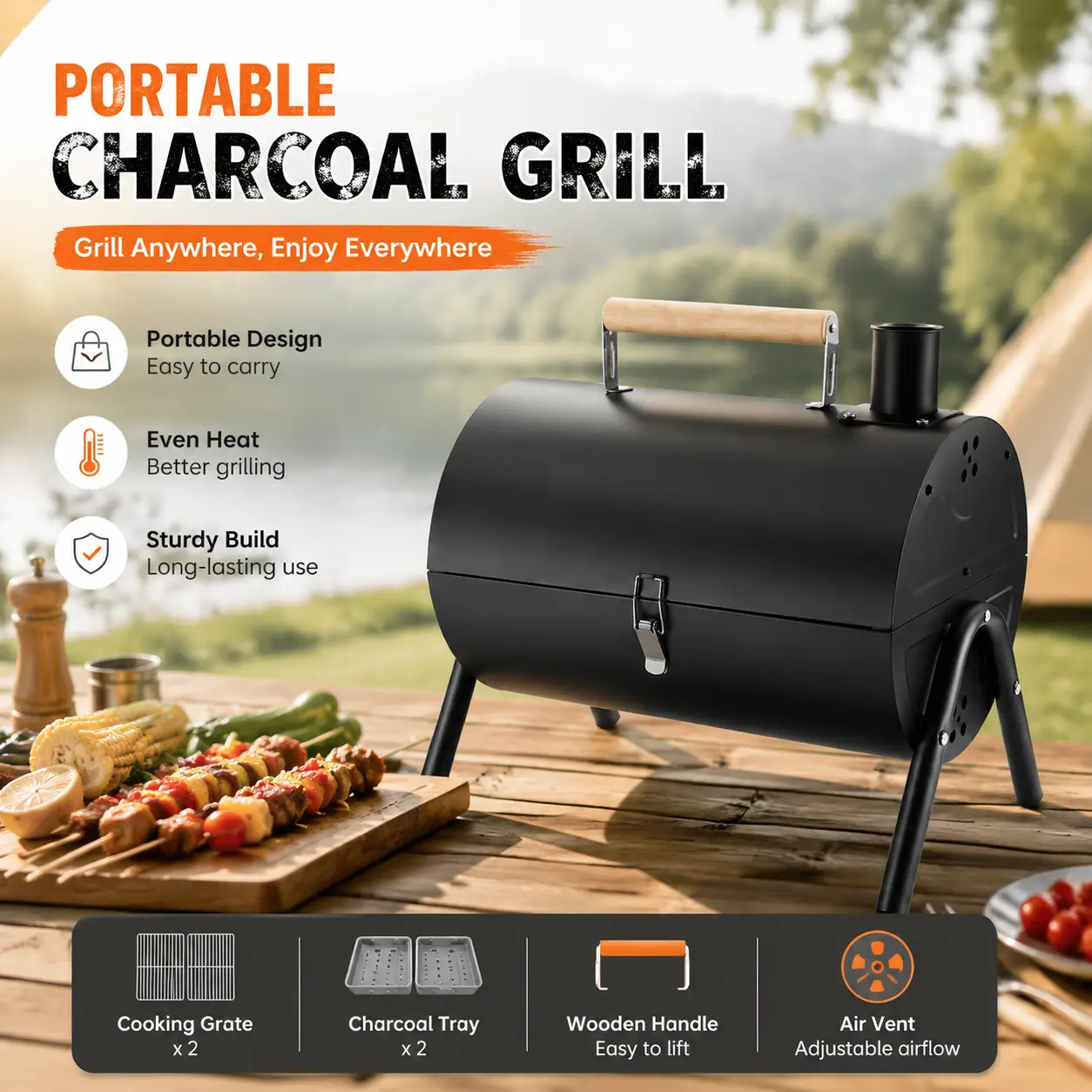 Portable Tabletop Charcoal Grill, Small Outdoor Barbecue Smoker Grill with Griddle Plate, Grilling Grates & Charcoal Trays for Backyard Camping Picnic