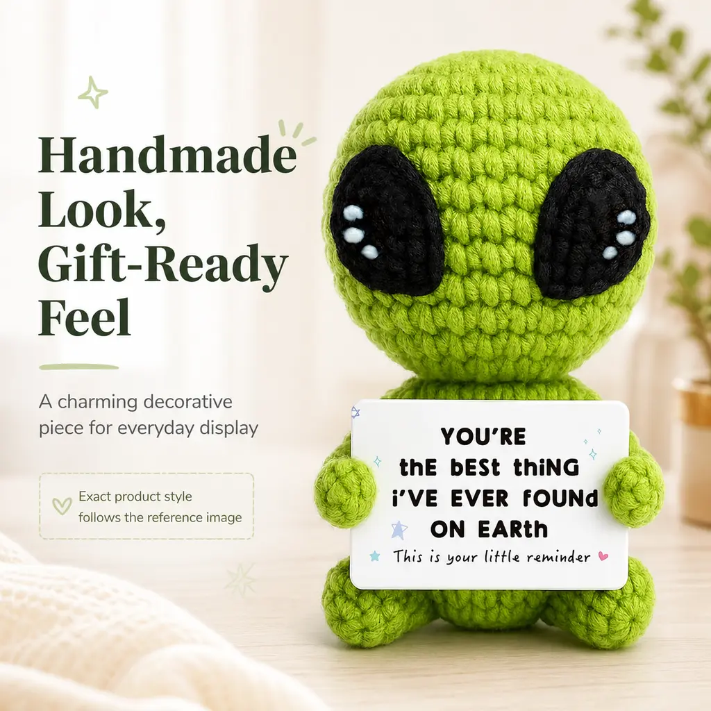 Handmade Crochet Alien Plush Toy, 10cm Positive Affirmation Green Alien Amigurumi Doll with Encouragement Card, Cute Emotional Support Stuffed Figure, Gift for Friends & Lovers