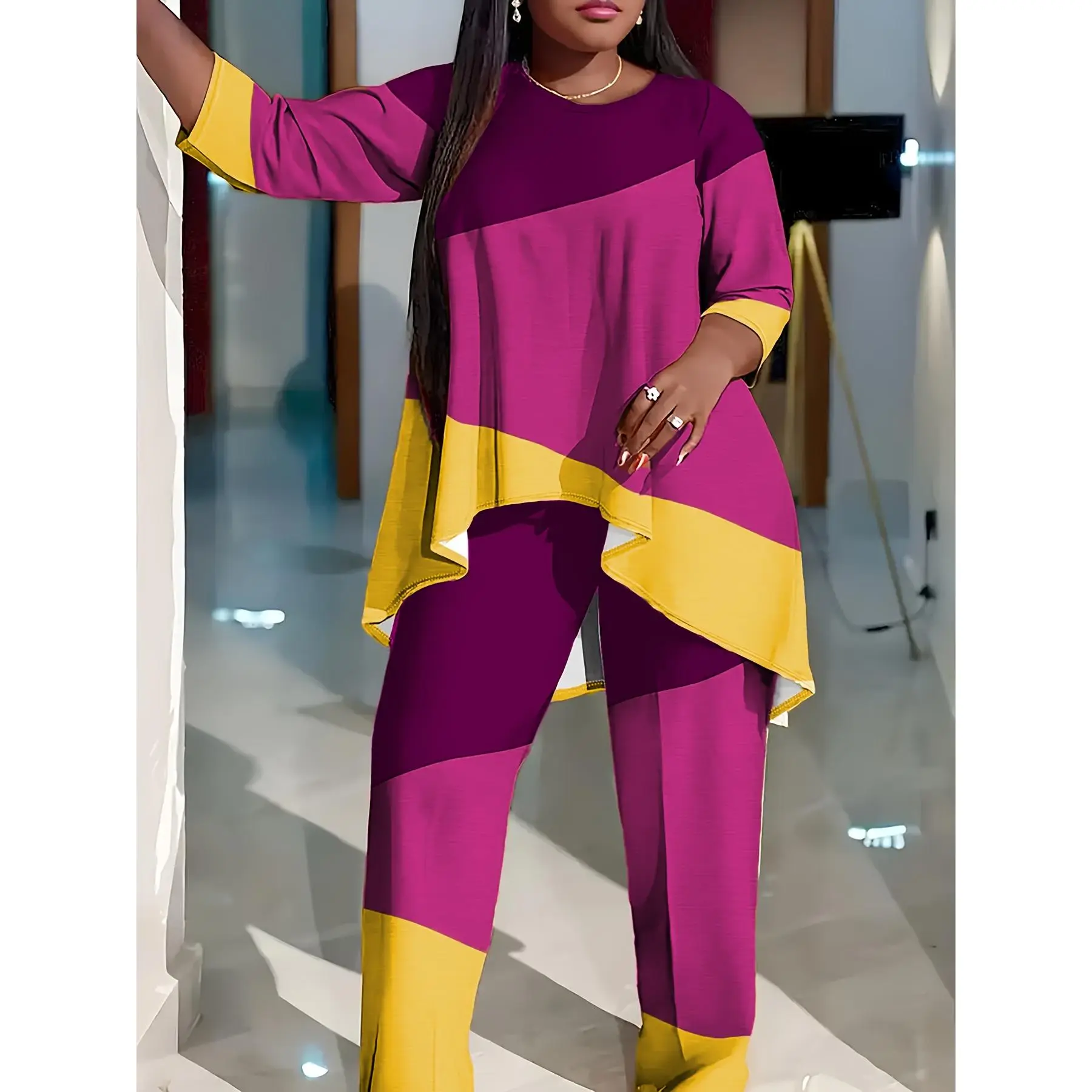 Plus Size Women's Casual Outfit - Vibrant Pink & Yellow Color Block, Polyester Fabric, Comfy Knit Pants Set, Machine Washable, Quarter Sleeve, American Print