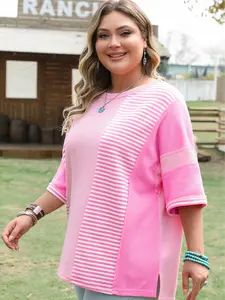 Pink Stripe Waffle Patchwork Plus Size T-Shirt Casual Breathable Polyester Soft Flattering Fit for Daily Wear Top Womenswear Streetwear Style Cotton