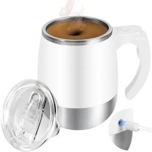 Self Stirring Mug, Rechargeable Automatic  Stirring Coffee Mug with Transparent Lid, 400ml, White, Stainless Steel Liner + Plastic Shell,  for , Office, Gym, School