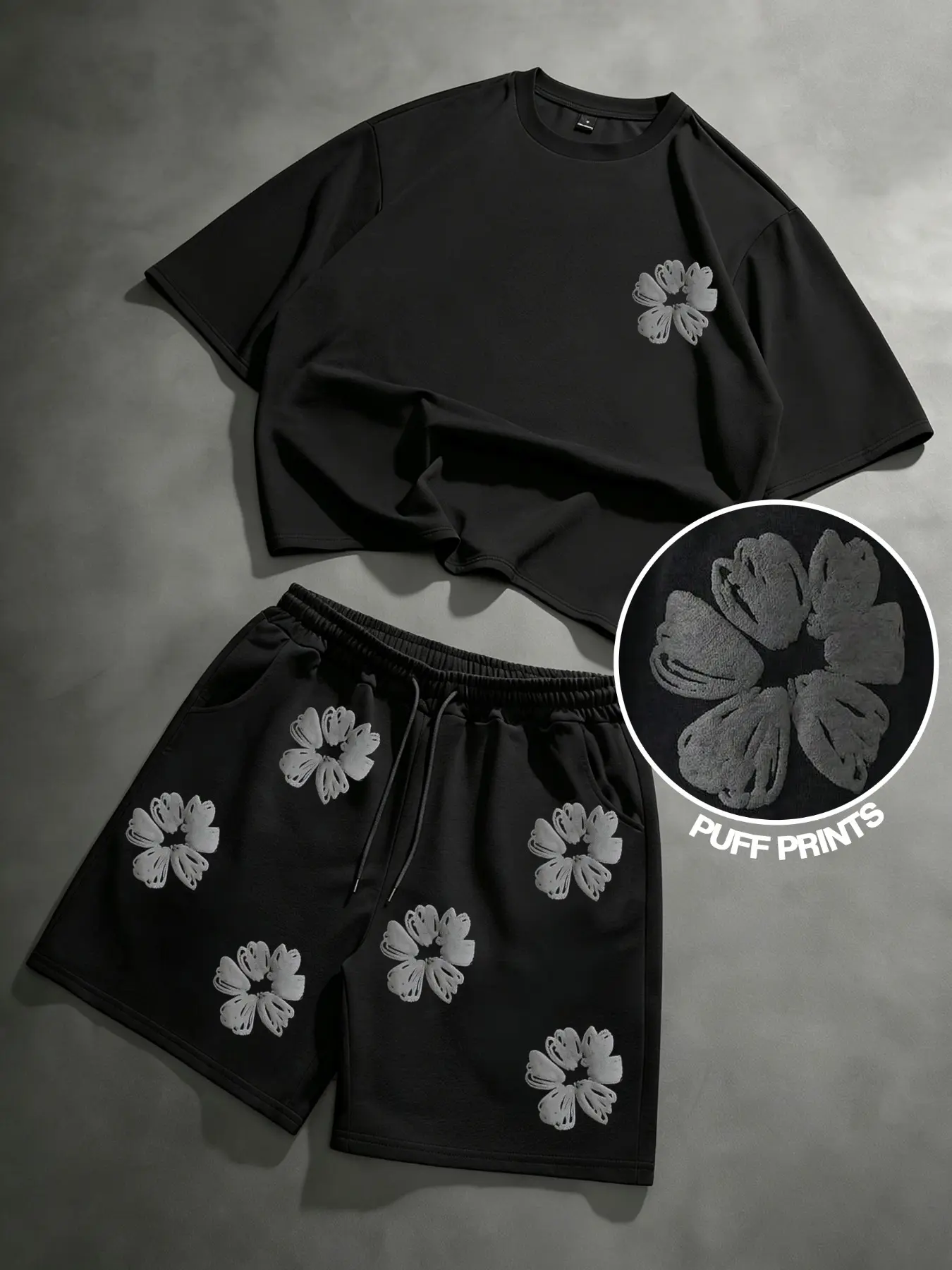 Men's Suit Set: Menswear T-Shirt and Shorts Combo Clothes featuring 3D Puff Flower Patterns. Ideal for casual, everyday wear, street style, and parties. A basic, classic design crafted from comfortable, breathable fabric.