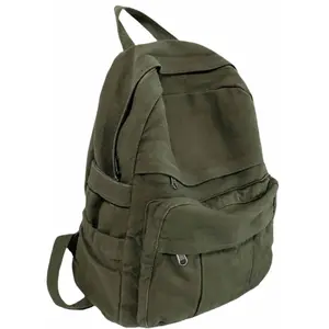 Military Green Canvas Backpack for Women & Men Retro Aesthetic Rucksack Basic Backpack for High School/College Students Travel Laptop Bag
