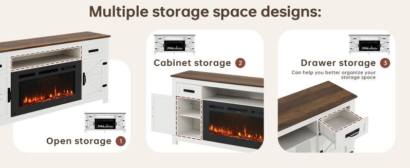 【2 Packages Shipping】oneinmil Fireplace TV Stand with Barn Door for TVs up to 80", Farmhouse 70" Fireplace Entertainment Center with Storage Cabinets, White TV Stand and Black Fireplace White & Brown,