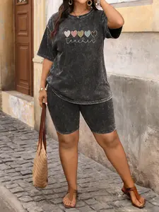 Spring and Summer Casual Sports Slim Plus Size 2-Piece Set Cartoon Print with Tie Dye Wash Vintage Finish Short Sleeve Round Neck T-Shirt and Shorts for Women, Plus Size Athletic Jogging Set Womenswear