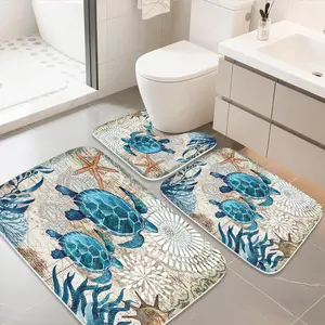 Blue ocean beach bathroom rug and mat set, 3-piece set, memory foam bath mat, U-shaped contour non-slip absorbent shower mat, velvet material, washable, size 20 x 31inch