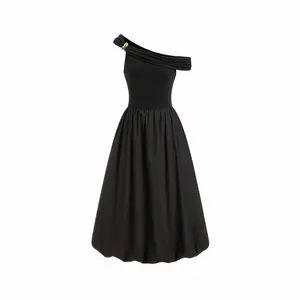 Cider Cotton-blend Asymmetrical Neck Metal Button Bubble Hem Maxi Dress SwimWeek