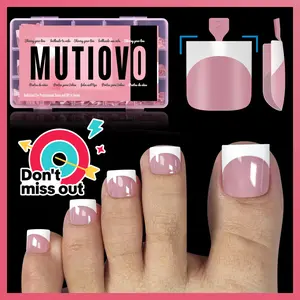 MUTIOVO French Tip Toe Nail Tips Press on Sharp Square Pre-Designed Soft Gel False Toenail Extension BERRY PINK Pre-applied Tip Primer Base Coat Full Cover Acrylic for DIY x 15 Sizes 240 pcs 【Does not include builder gel, top coat, glue, or nail lamp】