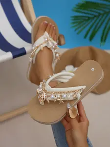 Elegant Ocean-Inspired Flip Flops, Shell Pearl Starfish Chain Decor, Perfect Beach Vacation Vibes, Stylish Summer Footwear