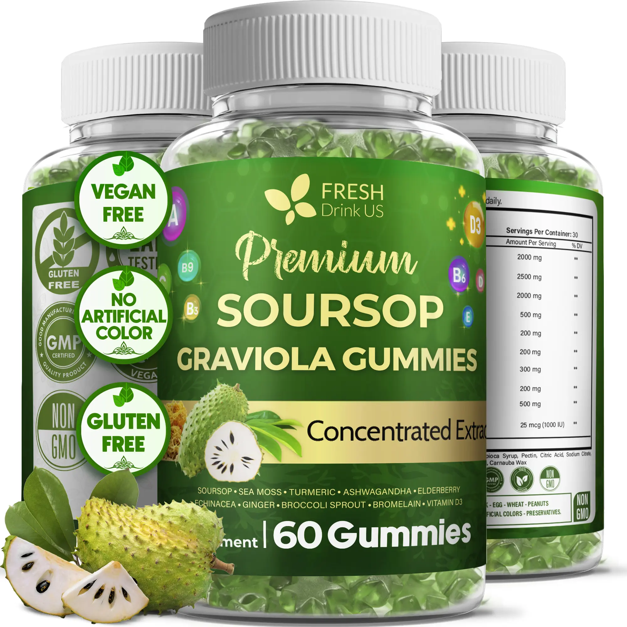 【FreshDrinkUS】 Premium Soursop Graviola Gummies – 60 Gummies, 30 Days Supply – 10-in-1 Superfood with Sea Moss, Turmeric, Ashwagandha & Elderberry – Vegan, Non-GMO, Gluten-Free Daily Immune & Wellness Support #Clearance Sale
