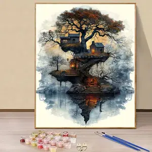 Beginner DIY Adult Digital Painting Kit - Includes Paint, Canvas, and Brushes | Tree House Island Scenery Paint by Numbers Kit for Adults | 40x50cm/15.74x19.68in, Frameless, Suitable for Home Decor, Family Activities, Father's Day, Mother's Day, Black Fri
