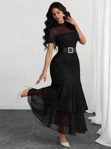 French Gothic Polka Dot Round Neck Modern Short Sleeve Mesh Patchwork Elegant Dress (no Belt), Stylish Women's Fashion