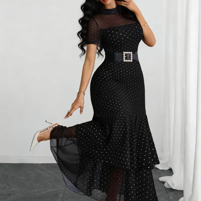 French Gothic Polka Dot Round Neck Modern Short Sleeve Mesh Patchwork Elegant Dress (no Belt), Stylish Women's Fashion Date Night Dresses, Elegant Party Apparel