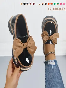 Women's Bowknot Loafers, Spring & Fall Casual PU Leather Shoes, Plain Pattern, Less Than Ankle Height, PVC Sole