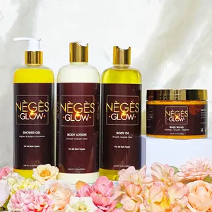 NÈGÈS GLOW SET Of 4: Shower Gel, Body Scrub, Lotion, & Oil for Healthy Glowing Skin - Complete Skincare Routine