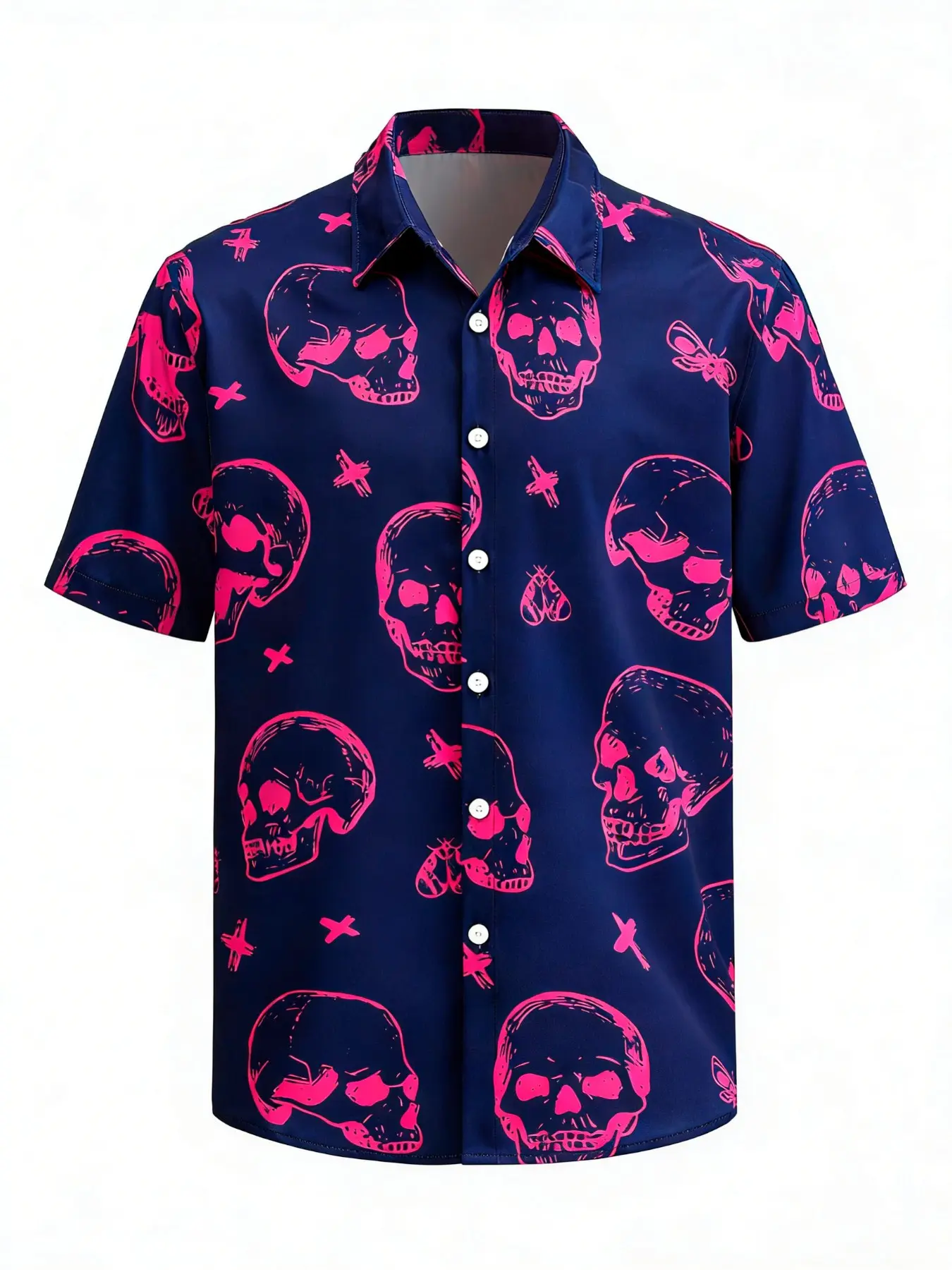 Wind Trendy Skull Beach Shirt, Casual Button Collared, Summer Button Short Sleeve, Vacation Photo Perfect, Casual Fitted Top for Men