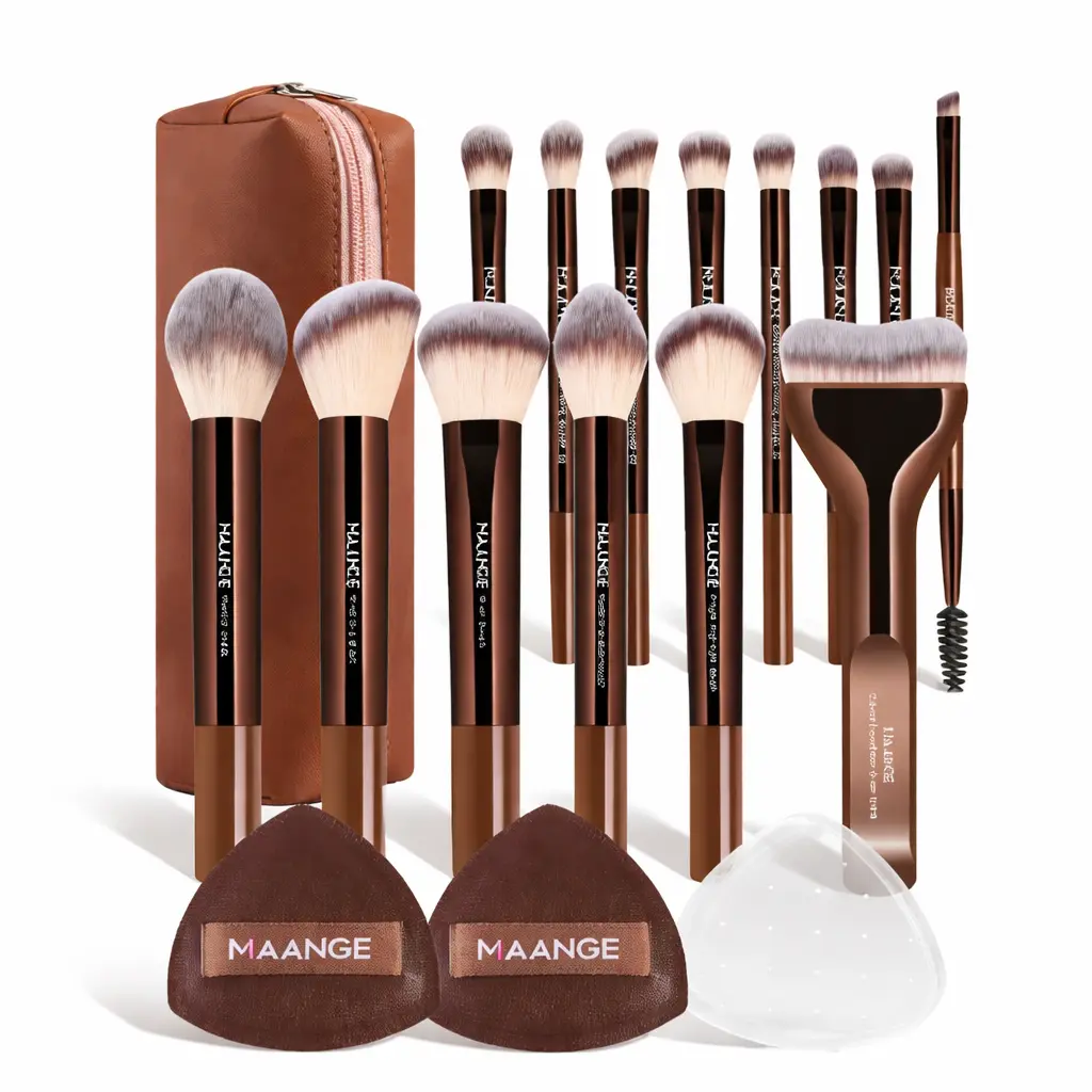 MAANGE Cosmetic Brushes Set - 19pcs Makeup Brushes, 2 Puffs, Brown Storage Bag, Professional Beginner-Friendly for Powder, Liquid & Cream Daily Face Use, Makeup Brushes Set