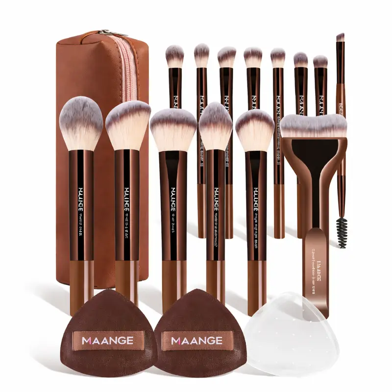 MAANGE 19-Piece Makeup Brush Kit - Includes 2 Powder Puffs & Brown Storage Bag, Professional Beginner-Friendly for Daily Face Use, Blending Foundation, Blush, Cheek Sculpting, Liquid & Cream Products