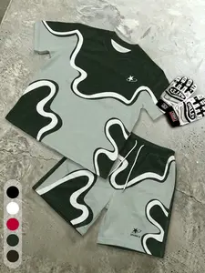 Y2K wave pattern two-piece set - street style short sleeved T-shirt+drawstring shorts, Streetwear, men's and women's casual sportswear, cool summer outfit with star logo, breathable and comfortable suitable for daily/street wear, multiple colors