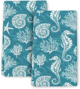 Teal Green Kitchen Towels Decorative Set Set of 2 Absorbent Dish Towels for Kitchen Bathroom Farmhouse Home Decor (Seahorse Corals, 16x24 Inch)