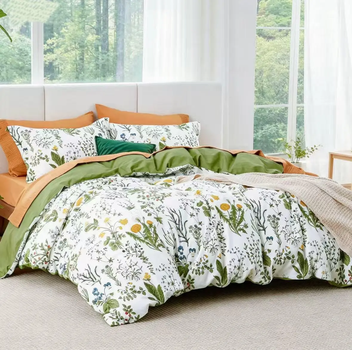 Dandelion Green Pattern Duvet Cover Set - 2/3-Piece Polyester Comfy Bed Covers, Soft Breathable Decorative Bedding, Multiple Sizes, All-Season Option for Fresh Natural Vibe