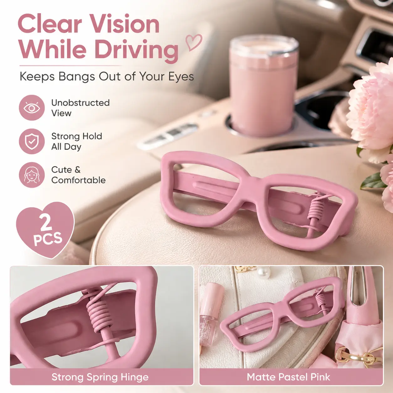 Pink Glasses Hair Clamp | Lightweight Non-Slip Alligator Duckbill Clip for Bangs & Side Hair | Secure Hold Driving Hair Accessories for Women & Girls | Portable Beauty Gifts