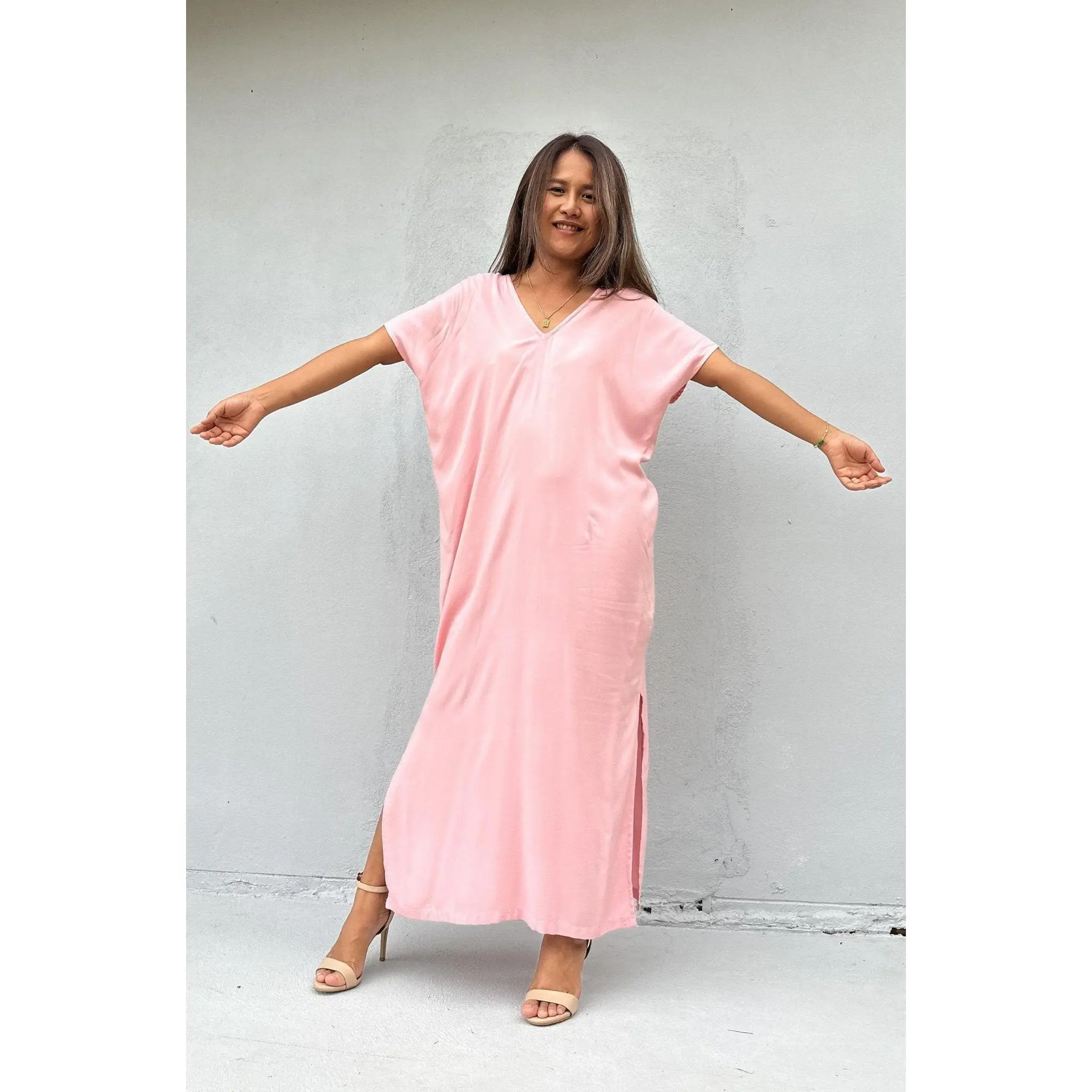Kaftan Dress for Petite Women in Solid Bubblegum Pink, a Basic, Plain Casual Design in Flowy Rayon Fabric with Smooth Draping, Daily Wear, Relaxed