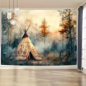 1PC,2D Flat Indians Tent Forest Mist Backdrop, Festival Event Decoration Cloth, Photography Background Curtain, Retro Watercolor Style, Home Wall Decor Tapestry, Photo & Live Streaming Scene Setup, Banners, One-Piece