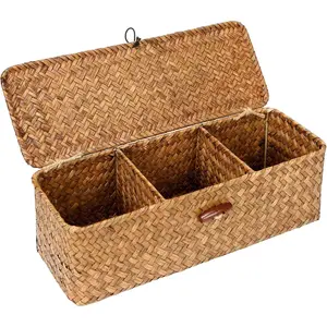 Seagrass Tank Basket with Lid with Rectangular Small Shelf Baskets Bin, Toilet Paper Basket with 3 Sections for Organize,Home Organizer Bin for Shelves Bathroom Closets Kitchen