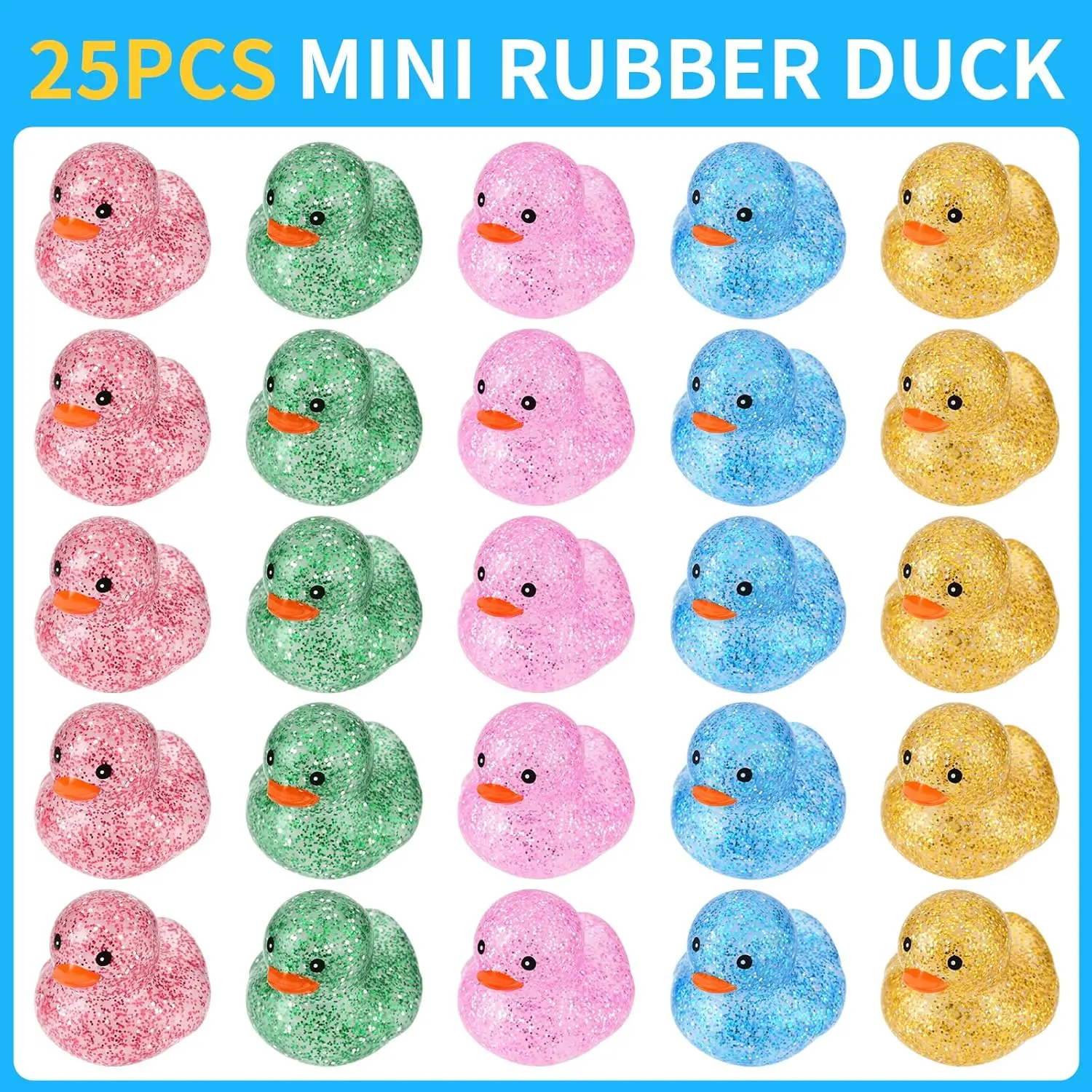 Mini Rubber Ducks, 25 Pcs Bulk Pack of Squeaky Floating Toys with Glitter Finish for Kids & Toddlers, Bathtub & Baby Shower Party Favors