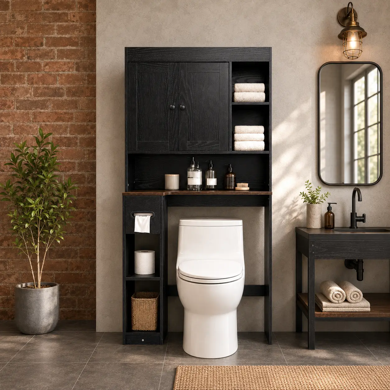 NIVISRE-Black Farmhouse Over-the-Toilet Storage Cabinet, Freestanding Bathroom Organizer with 2 Doors, Open Shelves and Toilet Paper Holder, Space-Saving Toilet Rack for Bathroom, Restroom and Laundry Room