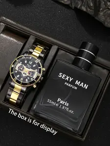 Men's Business Casual Fashion Analog Quartz Movement Watch Set + Perfume Gift Box, Perfect for Daily Wear, Birthdays, Father's Day, Teacher Appreciation, Business Fashion Watches