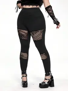 Women's Slim Fit Lace Patchwork Elastic Pants, Womenswear, Trendy Punk Gothic Style Vibe, Versatile Casual Long Pants for All Seasons