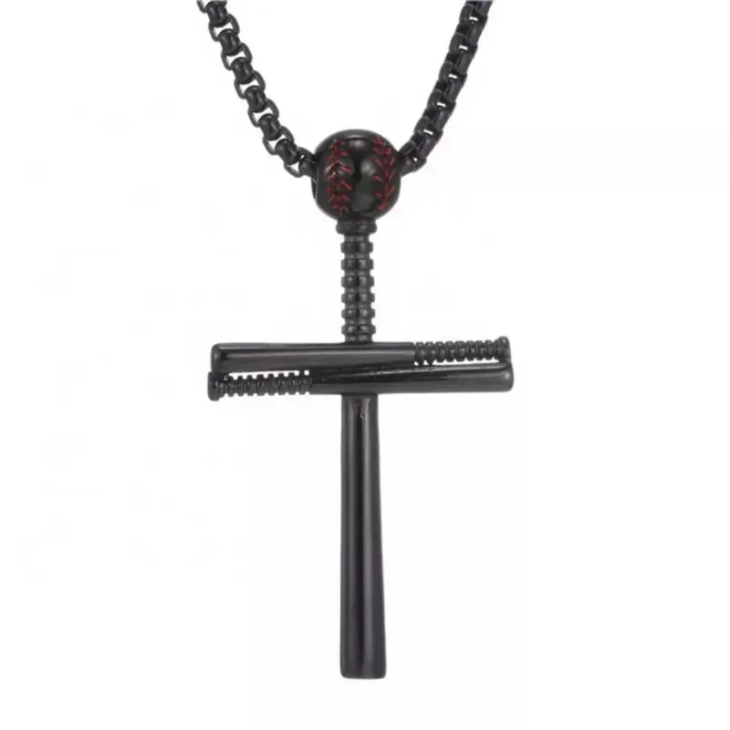 Stainless Steel Baseball Bat Sports Cross Pendant Necklace - Black Design with Chain