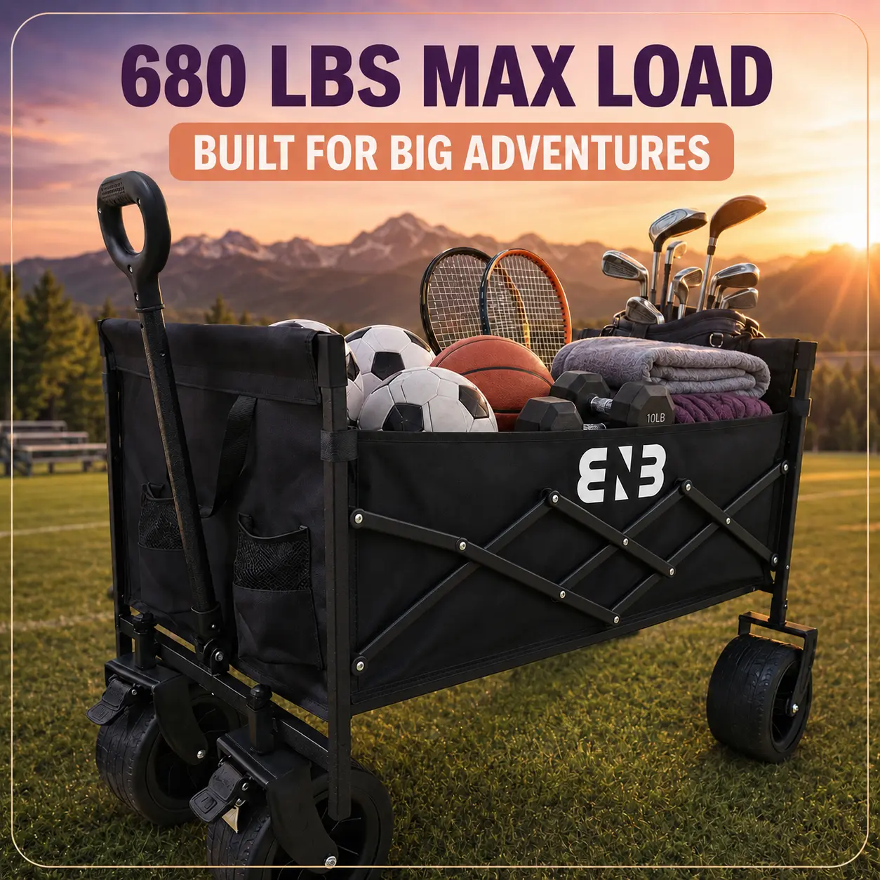 Foldable carbon steel truck for transporting sports equipment, featuring 360° all‑terrain capability. Suitable for track & field competitions, team training, coaching guidance, school activities, stadium use, and travel. Employs a quick assembly design.