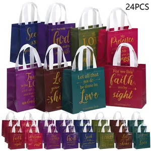 24pcs Inspirational Scripture Printed Non-Woven Tote Bags, Durable Polypropylene Religious Gift Bags, Reusable Shopping Bags with Handles, for Christian Baptism, Wedding, and Birthday Party Favors