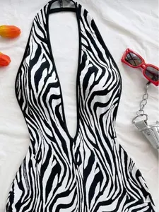 Zebra Print Knit Elastic Fabric Deep V Halter Backless Romper