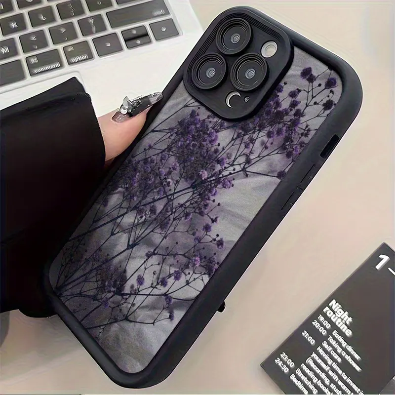 Black & Purple Flower Branch iPhone Case - Shockproof for Daily Drops, Anti-Drop Soft Casing, Minimalist High-End Accessories for iPhone 17,16,15,14,13,12,11 Pro Max Plus, X, XS Max Cellphone Devices, Protector