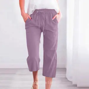 Capri Pants for Women Casual Summer Drawstring High Waist Linen Pants Elastic Straight Wide Leg Plus Size Capris