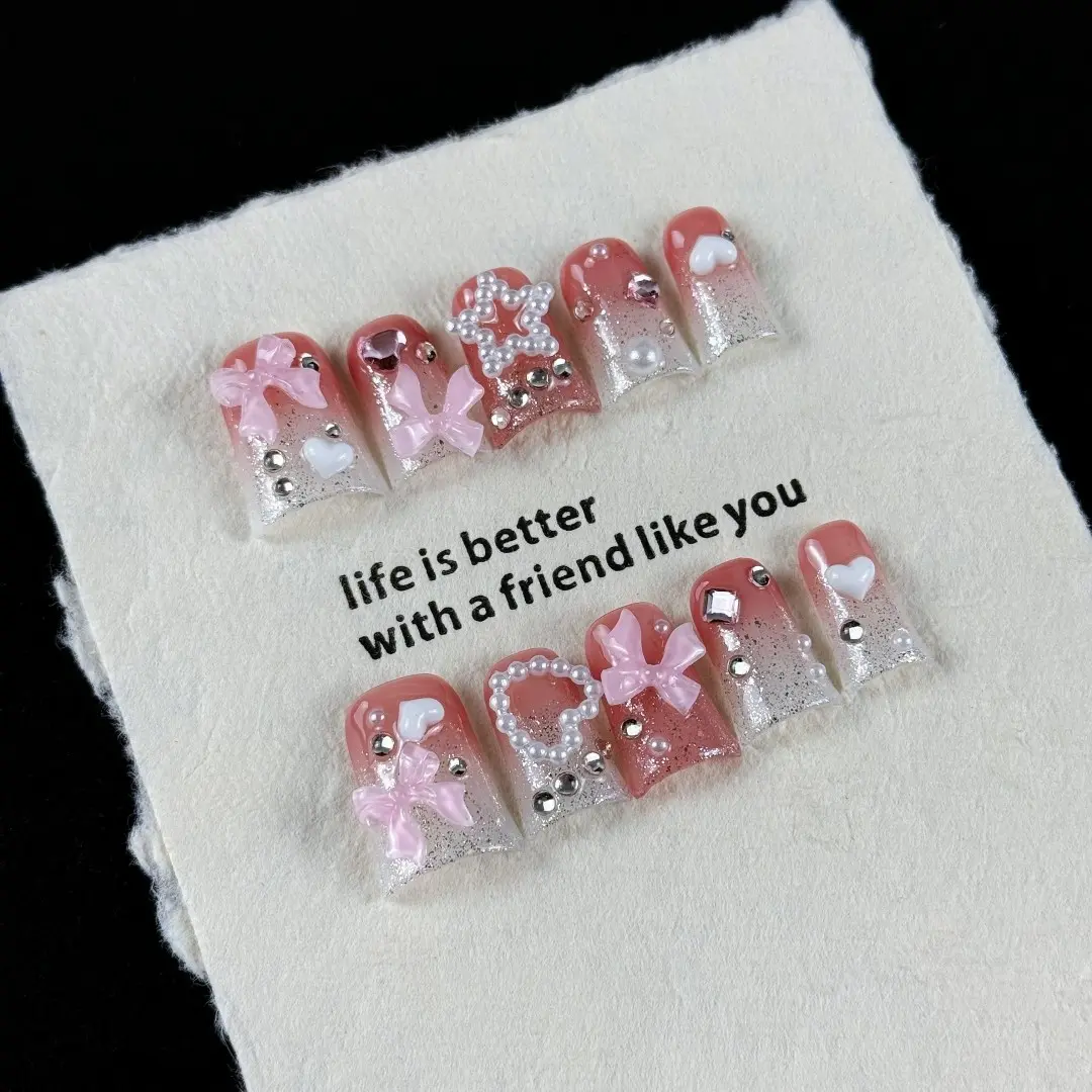 10pcs Princess Style, hand-painted three-dimensional stars, bows, glittering fragments, tiny diamonds, Glitter rhinestones, Glitter Design, handmade fake nails, Suitable for sister gatherings, afternoon tea, date nights, Nail Art Products