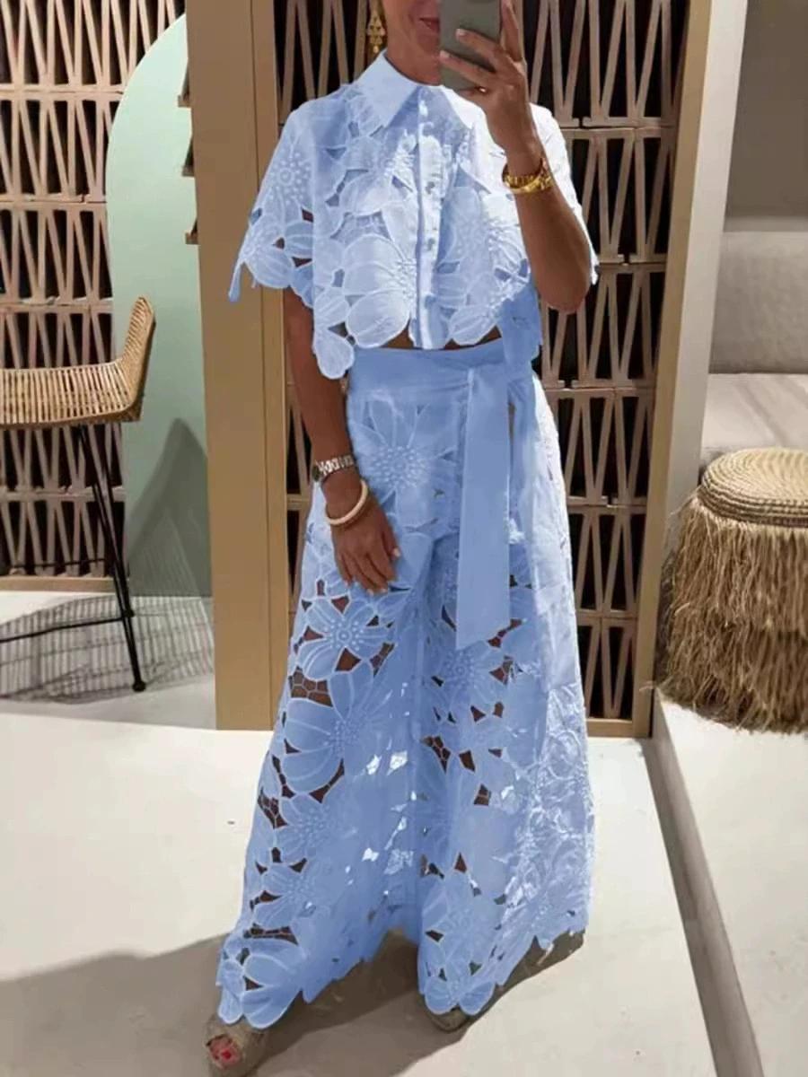 Women's 2026 New Retro Lace Outfit Set Short Sleeved Blouse Tops & Tie-up Pants Two-Piece Embroidery Hollow Temperament Suit for Casual & Special Occasions Women's 2026 New Retro Lace Outfit Set Short Sleeved Blouse Tops & Tie-up Pants Two-Piece Embroidery Hollow Temperament Suit for Casual & Special Occasions