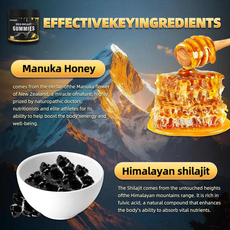 Newrish Himalaya Shilajit Gummies - 100% Natural and Organic - Improves Athletic Performance - With Manuka Honey / Fulvic Acid and 85+ Trace Mineral Complex - 30 Gummies
