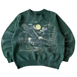 Vintage Eagle Sweatshirt Moonlight Forest Scene, 90s Wildlife Crewneck Pullover, Nature Graphic Sweater Black, Unisex Cotton Crewneck Sweatshirt Menswear Womenswear Streetwear Top